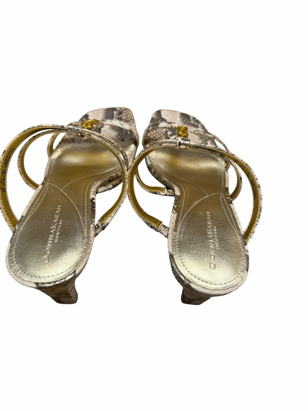 Donna Karan NY Snake Print Leather Gold Chain Mule Heels Sandals Size 8 NWOB